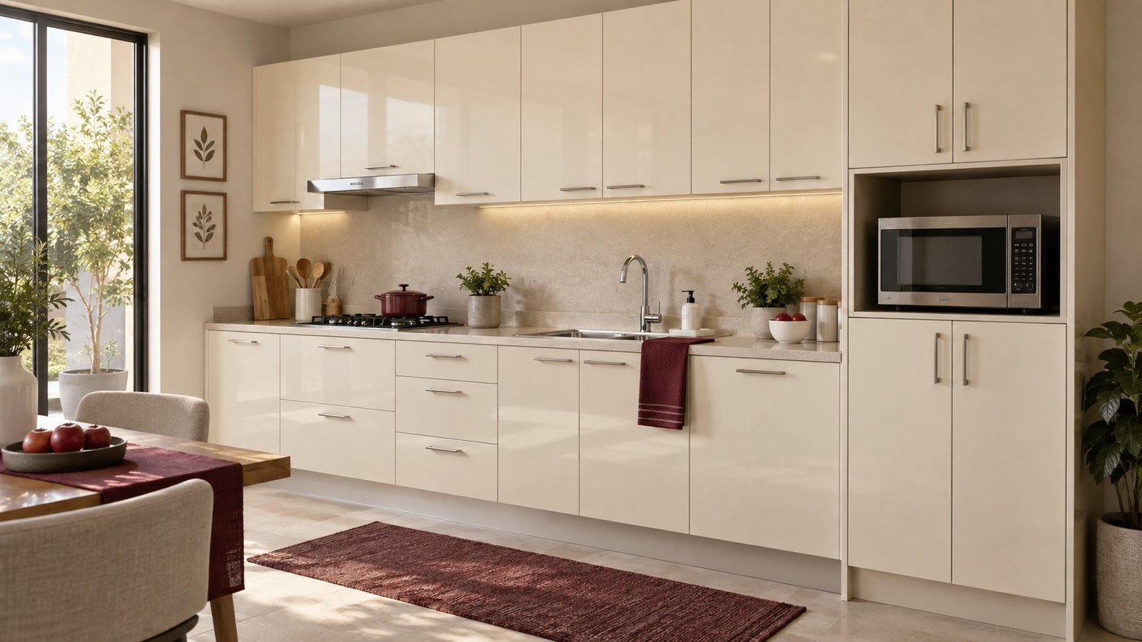 Cocina integral lacada con alacenas y despensero para microondas